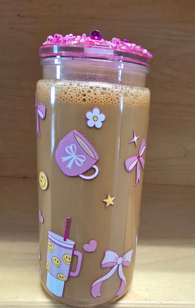 Iced Latte Snowglobe Cup  with Pink Beaded Lid